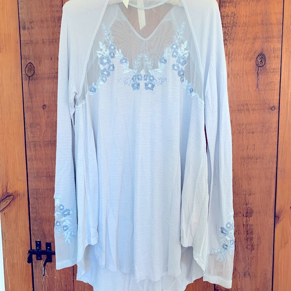 Free People Saheli Embroidered Mesh Top Blue NWT
